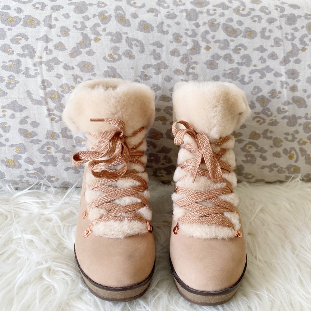 Jcrew blush and rose gold wedge boots